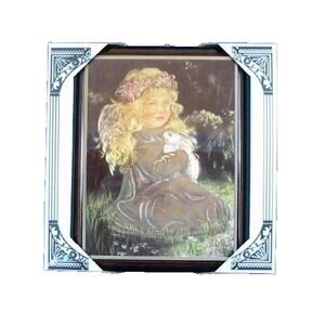 Carglow Decorative Wall Plaque Girl in Garden with Rabbit Wood Frame Nursery Art